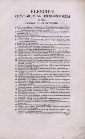 Elenchus Chartarum Ac Documentorum In Hoc Codice Contentorum.