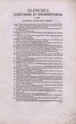Elenchus Chartarum Ac Documentorum In Hoc Codice Contentorum.