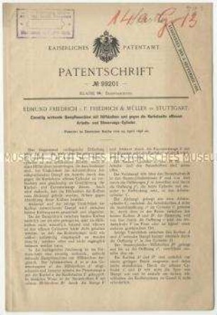 Patentschrift einer einseitig wirkenden Dampfmaschine mit Hilfskolben und gegen die Kurbelseite offenem Arbeits- und Steuerungs-Zylinder, Patent-Nr. 99201