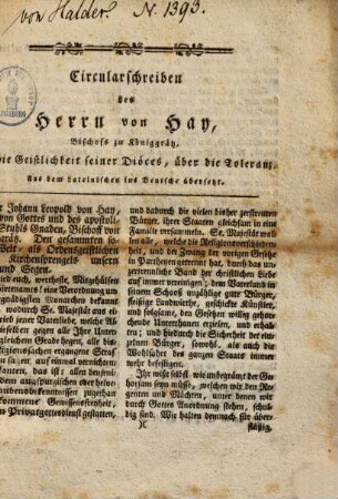 Circularschreiben des Herrn von Hay, Bischofes zu Königgratz an die Geistlichkeit seiner Diöces über die Toleranz : vom 20. Nov. 1781
