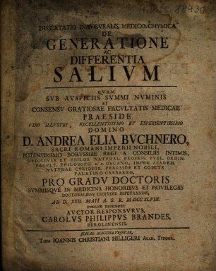 Dissertatio Inavgvralis Medico-Chymica De Generatione Ac Differentia Salivm