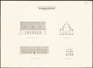 Siedlung für Kriegsbeschädigte Schinkelwettbewerb 1945: Gemeinschaftsanlagen: Feier-, Parteihaus. Ansichten, Schnitte 1:200
