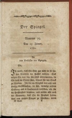 Der Spiegel. Nummer 75. Den 25 Jänner, 1780.