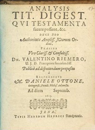 Analysis Tit. Digest. Qui Testamenta facere possunt, &c.