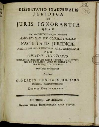 Dissertatio Inauguralis Juridica De Juris Ignorantia
