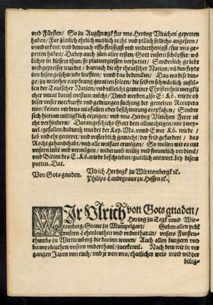 Wir Ulrich von Gots gnaden/ Hertzog zu Tegk unnd Wirtemberg/ Grave zu Mumpelgart ..
