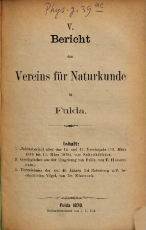 Bericht des Vereins für Naturkunde in Fulda. 4. 1876