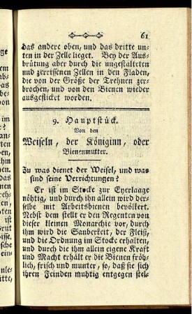9. Hauptstück. Von den Weiseln, der Königinn, oder Bienenmutter.