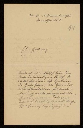 94: Brief von Karl von Unzer an Gottlieb Planck, München, 2.11.1901