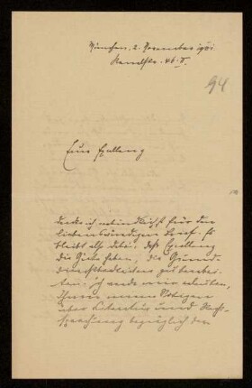 94: Brief von Karl von Unzer an Gottlieb Planck, München, 2.11.1901