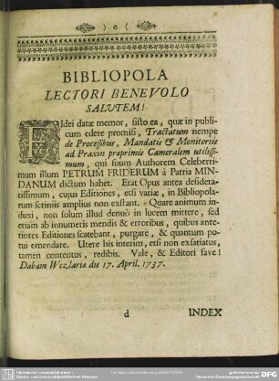 Bibliopola Lectori Benevolo Salutem!