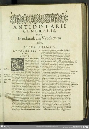 Antidotarii Generalis, Per Ioan. Iacobum Weckerum editi, Liber Primus