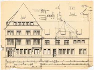 Fassaden der nach dem Brand am 17. Juni 1915 wiederaufgebauten Häuser, Duderstadt: Aufriss: Ansicht von der Straße 1:50; Fassadenschnitte horizontal und vertikal 1:50; Details 1:10 von Dach, Erker, Gesims