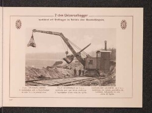2 cbm Universalbagger, kombiniert mit Greifbagger im Betriebe einer Braunkohlengrube.