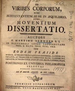 De Viribus Corporum, Nunc Sustentantium Sese In Aequilibrio, Nunc Moventium Dissertatio