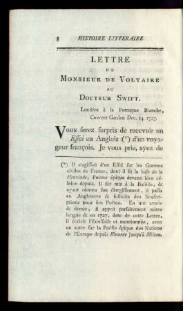 [Lettre de Monsieur Voltaire Au Docteur Swift.]
