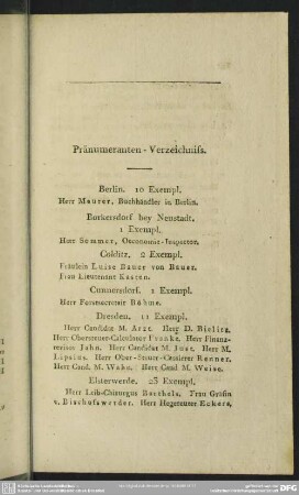 Pränumeranten-Verzeichniss