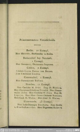 Pränumeranten-Verzeichniss