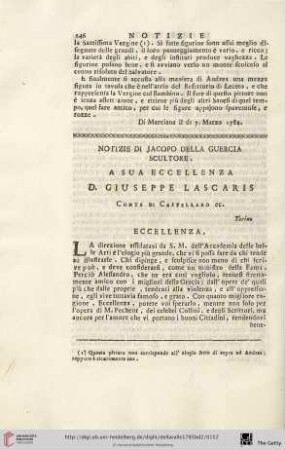 Notizie di Jacopo della Guercia Scultore. A sua Eccelenza D. Giuseppe Lascaris