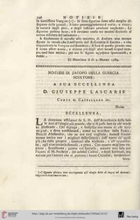 Notizie di Jacopo della Guercia Scultore. A sua Eccelenza D. Giuseppe Lascaris