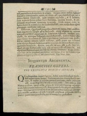 Sequuntur Argumenta. Francisci Cuperi. Pro Existentia Numinis Supremi