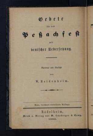 Festtägliches Gebetbuch : hebräisch und deutsch / geordnet und übersetzt von W. Heidenheim