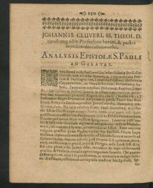 Johannis Cluveri ... Analysis Epistolae S. Pauli Ad Gallatas.
