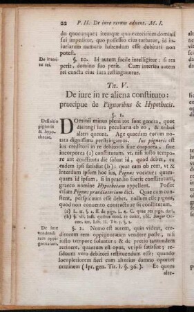 Tit. V. De jure in re aliena constituto: praecipue de Pignoribus & Hypothecis.