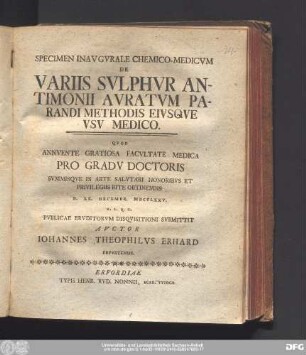Specimen Inavgvrale Chemico-Medicvm De Variis Svlphvr Antimonii Avratvm Parandi Methodis Eivsqve Vsv Medico