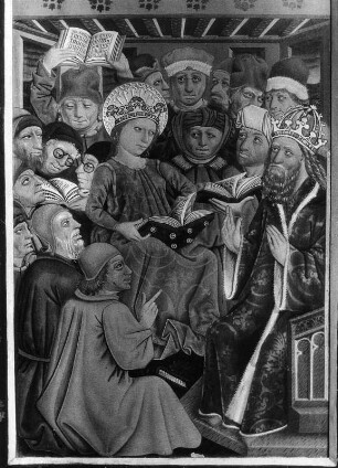 Katharinenaltar : Katharinenaltar. Holz, bemalt (1455-1460). Flügel mit Disput der heiligen Katharina. Sankt Georgen ob Murau-Bodendorf, Filialkirche Sankt Cäcilia