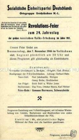 Veranstaltungsprogramm der SED Großräschen zur Feier anlässlich des 29. Jahrestages der Oktoberrevolution