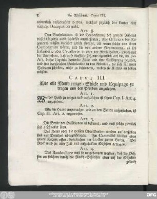 Caput III. Wie alle Mondirungs-Stücke und Equipage zu tragen und den Pferden anzulegen.