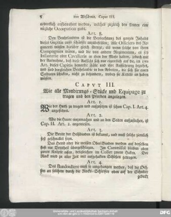 Caput III. Wie alle Mondirungs-Stücke und Equipage zu tragen und den Pferden anzulegen.