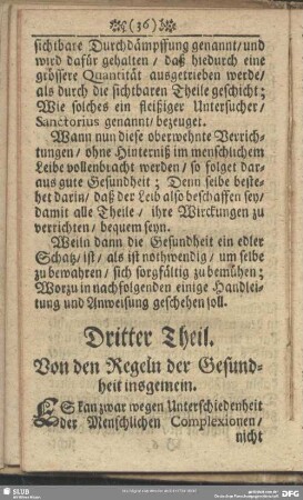 Dritter Theil. Von den Regeln der Gesundheit insgemein
