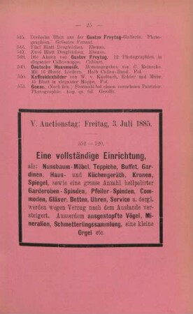 V. Auctionstag: Freitag, 3. Juli 1885