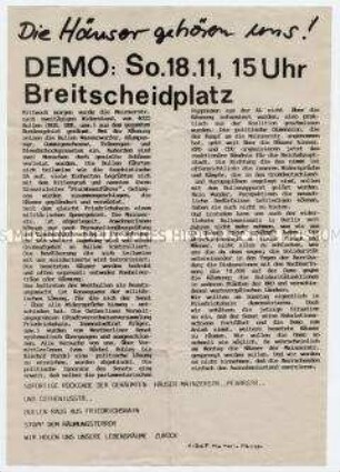 Flugblatt mit Aufruf zu einer Demonstration gegen die Räumung besetzter Häuser
