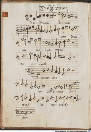 61 Sacred songs - BSB Mus.ms. 39 : [stuck label on front binding, inside:] Dominicaru[m] dier[um] // Hyemaliu[m] // Liber.
