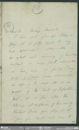Eigenh. Brief von Unbekannt an August Wilhelm von Schlegel, o.O., ohne Datumsangabe