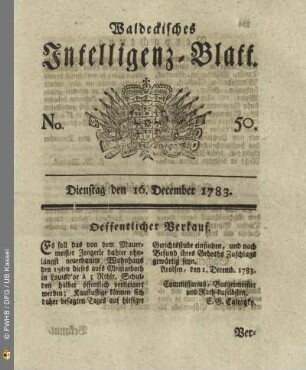 No. 50, Dienstag den 16. December 1783