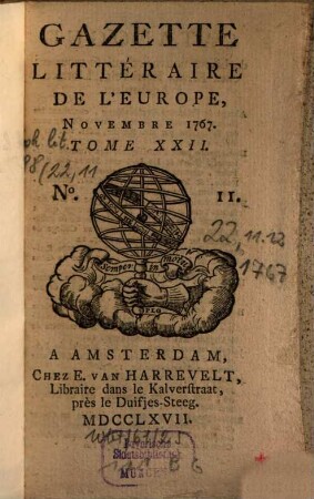 Gazette littéraire de l'Europe. 22. 1767, 11- 12 (Nov. und Dez.)