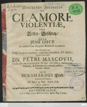 Discursus Iuridicus De Clamore Violentiae, vulgo Zetter-Geschrey