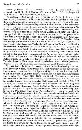Jochmann, Werner :: Gesellschaftskrise und Judenfeindschaft in Deutschland 1870 - 1945, (Hamburger Beiträge zur Sozial- und Zeitgeschichte, 23) : Hamburg, Chrisitians, 1988
