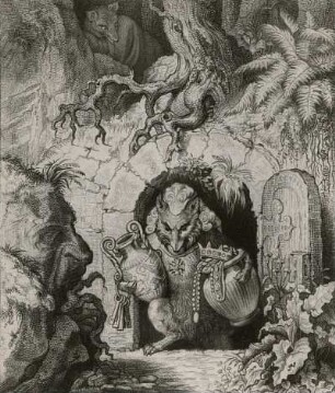 Kaulbach, Wilhelm von. Illustration zu Reineke Fuchs von Johann Wolfgang v. Goethe. Reinekes Lügnererzählung: Reineke beobachtet seinen Vater, wie er aus dem Versteck des Schatzes heraussteigt