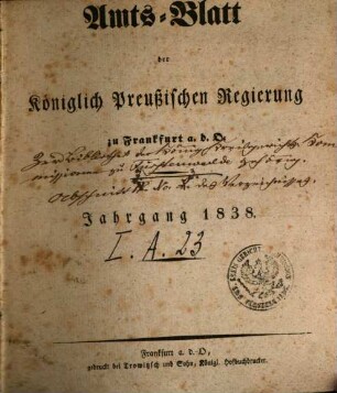 Amtsblatt der Regierung zu Frankfurt a.d. Oder. 1838