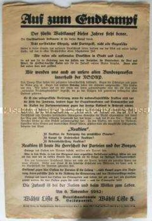 Flugblatt der Deutschnationalen Volkspartei zur Reichstagswahl am 6. November 1932