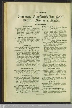 IX. Abteilung. Innungen, Genossenschaften, Gesellschaften, Vereine u. Klubs