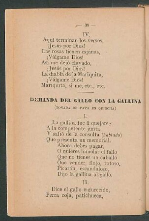Demanda del gallo con la gallina : (Tonada de pata en quincha)