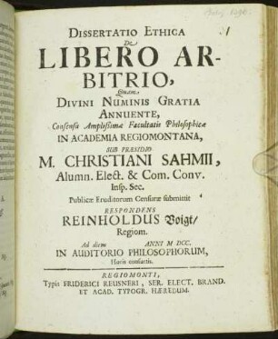 Dissertatio Ethica De Libero Arbitrio