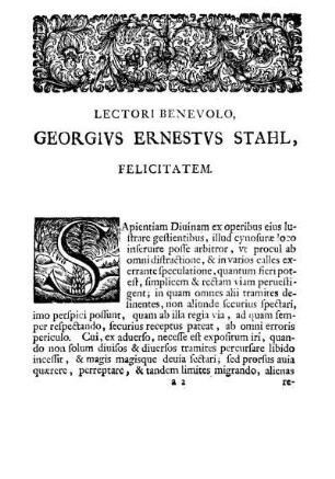 Lectori Benevolo, Georgivs Ernestvs Stahl, Felicitatem.