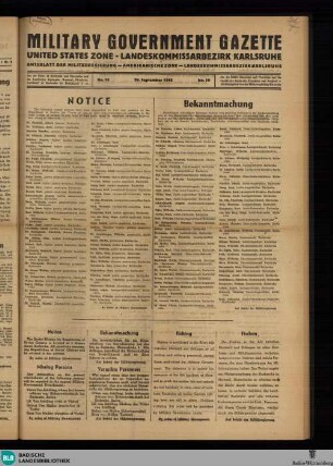 Military Government gazette : a weekly published by the Office of Military Government North Baden (US-Zone) containing of measures adopted by Military Government = Amtsblatt der Militärregierung